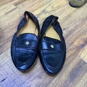 Tory Burch Black Leather Penny Loafers with Gold Logo